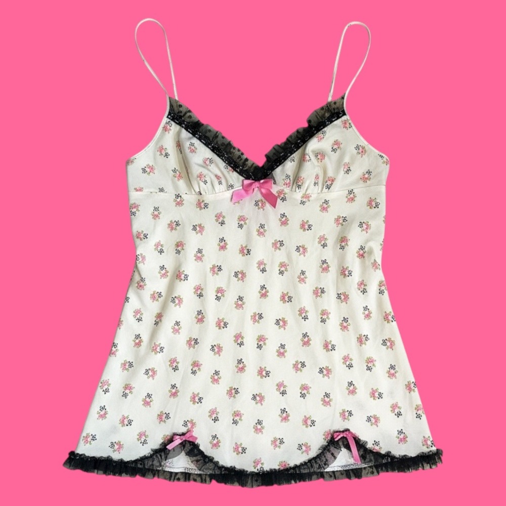 Y2K Betsey Johnson Intimates Floral Babydoll Cami Tank‎ Pink Bows Black Lace M
